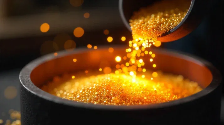 Emas granule dituang ke dalam sebuah wadah