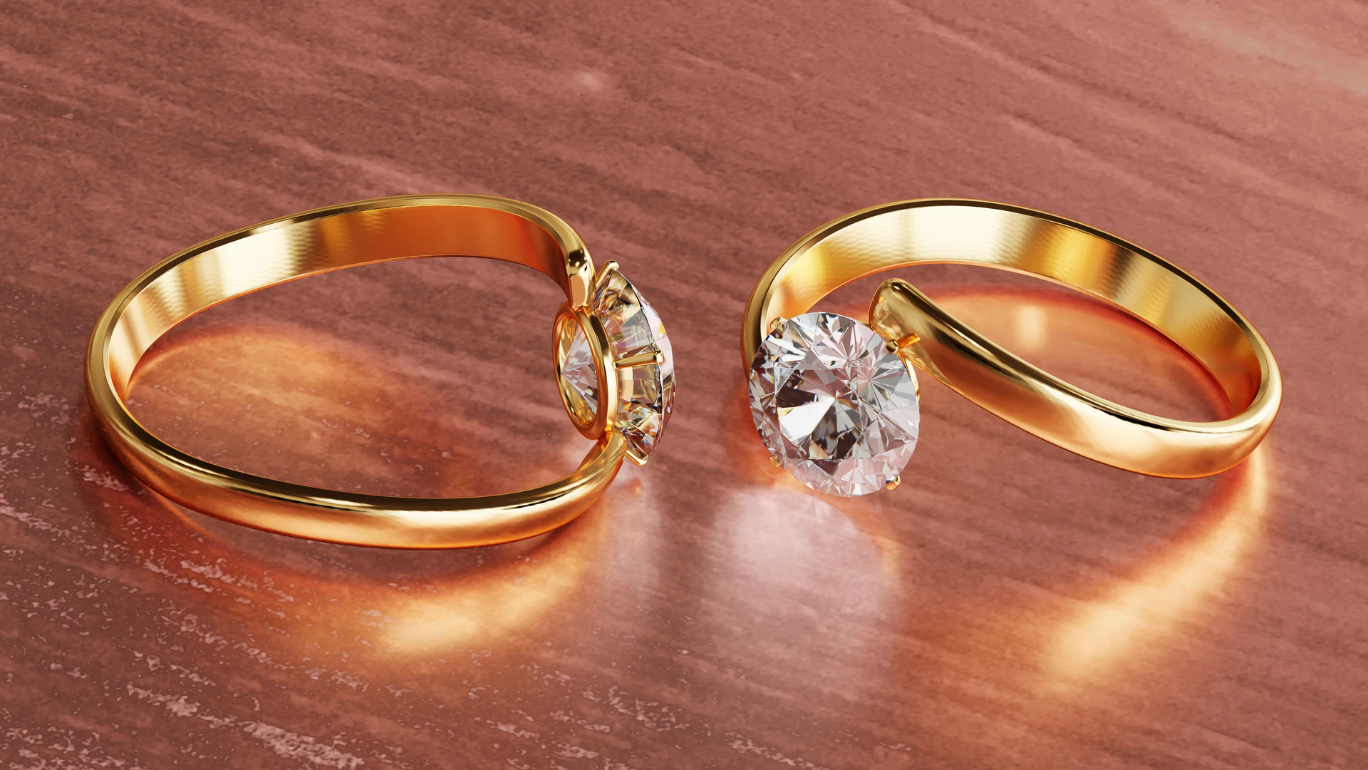 Cincin berlian emas untuk pasangan dalam tampilan render 3D