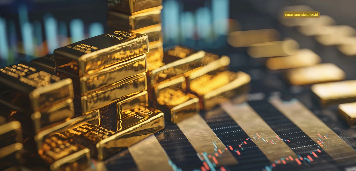 Tumpukan emas batangan di atas grafik pasar saham investasi.