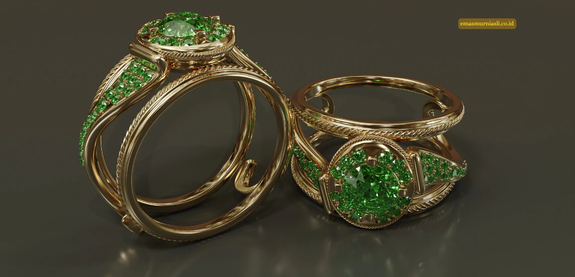 Dua cincin emas hijau dengan ukiran bertekstur