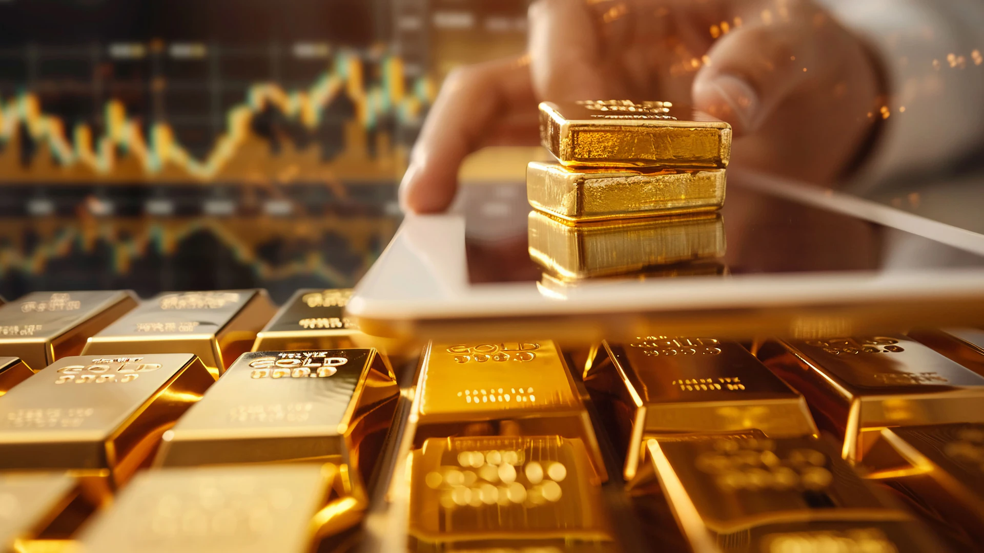 Emas batangan di samping tablet yang menampilkan grafik investasi sebagai ilustrasi perbandingan investasi emas fisik dan emas online
