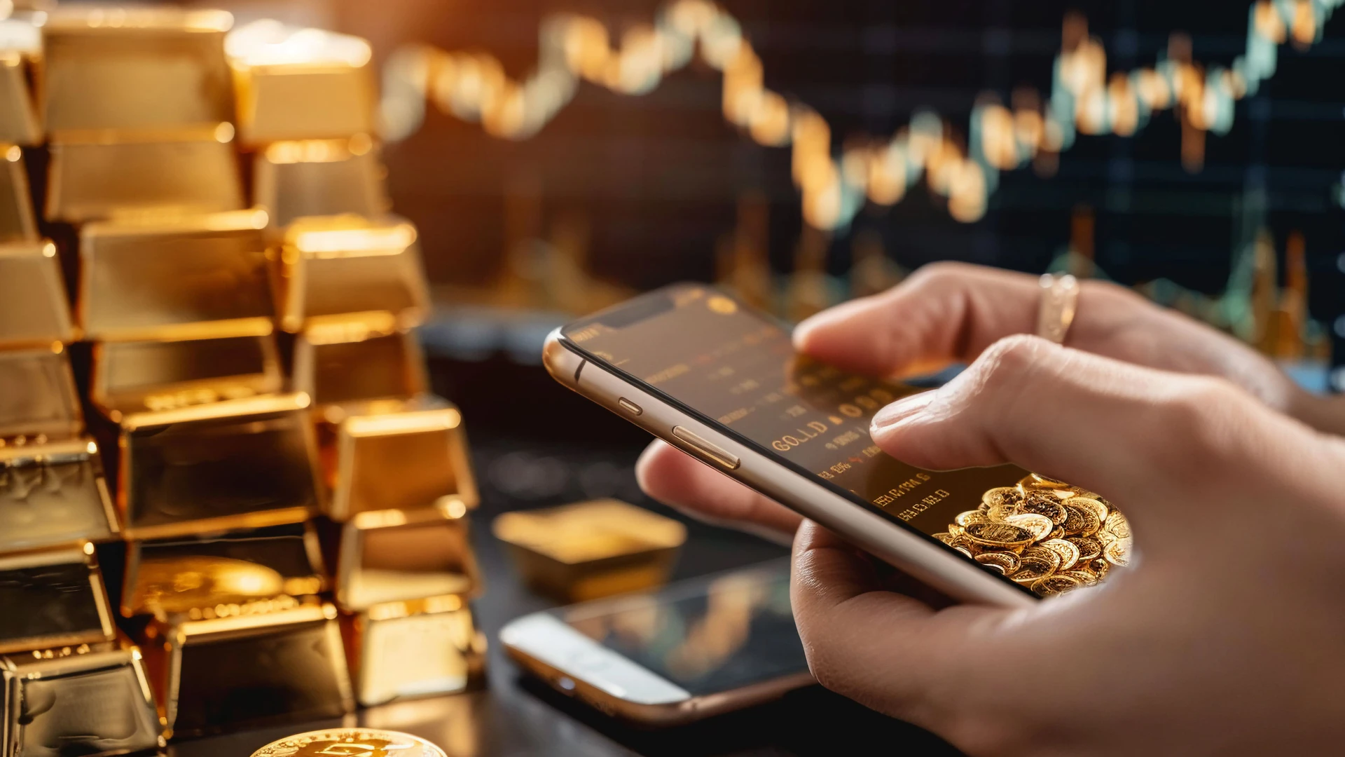 Gambar seorang anak muda memantau tren harga emas melalui aplikasi investasi di smartphone